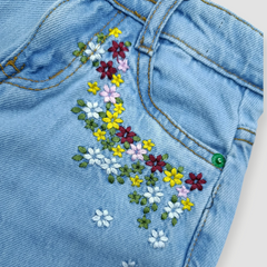 Girls Light Blue Flower Embroidered Denim