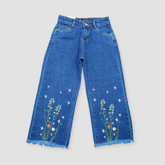 Girls Blue Floral  Embroidered Denim